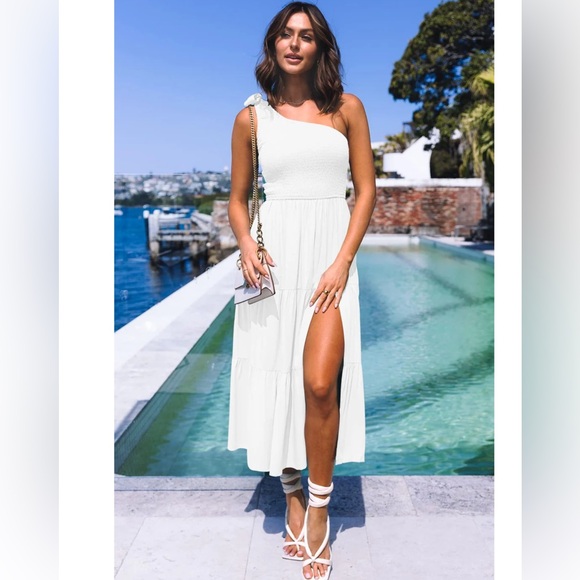 Women's Summer One Shoulder Sleeveless Knot Smocked Midi Dress Split Flowy NWT M - Picture 3 of 4